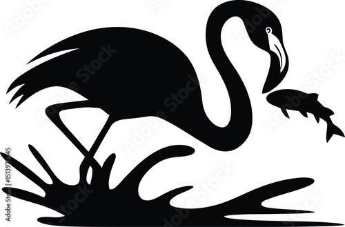 Elegant Flamingo Silhouette Catching Fish A Striking Wildlife Illustration
