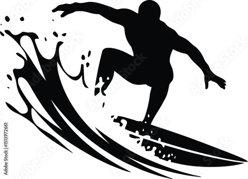 Dynamic Silhouette of a Surfer Riding an Ocean Wave  Action Sports Graphic