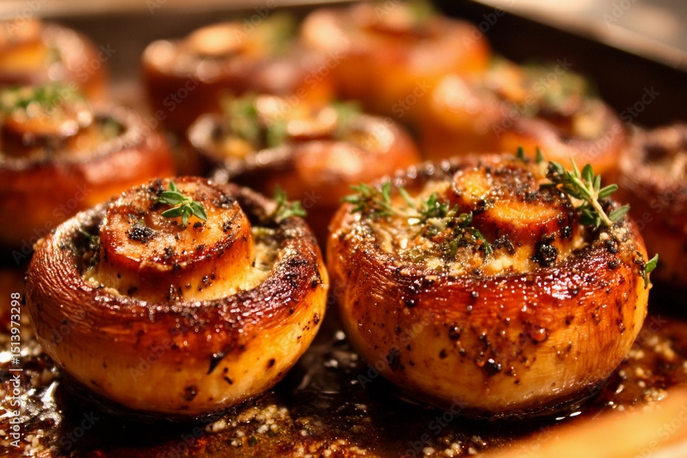 Succulent roasted mushrooms are beautifully browned and topped with fresh herbs, creating an inviting dish perfect for sharing. The warm lighting enhances the appetizing presentation Succulent roasted mushrooms are beautifully browned and topped with fresh herbs, creating an inviting dish perfect for sharing. The warm lighting enhances the appetizing presentation