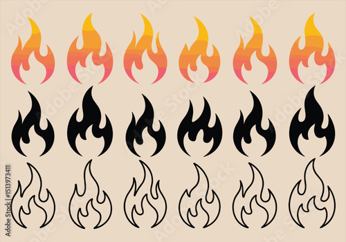 Fire Flame Icon Set, Burning Flames Design Elements Vectors Illustrations