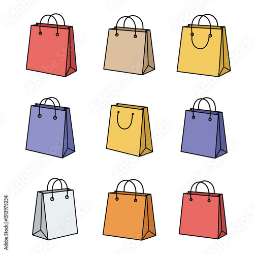 Branded retail shopping bags semi flat colour vector objects. Packaging for gift, clothes. Editable cartoon clip art icons on white. Simple spot illustration for web graphic design and animation