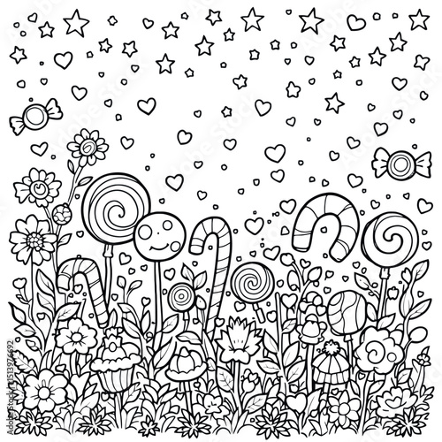Sweet Dreams Coloring Page A Whimsical Landscape of Candy Line Art Illustration