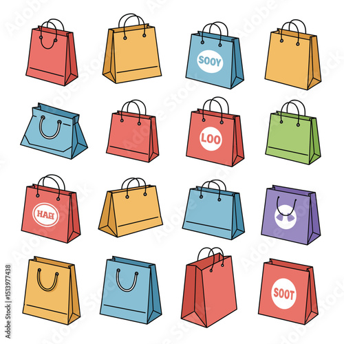 Branded retail shopping bags semi flat colour vector objects. Packaging for gift, clothes. Editable cartoon clip art icons on white. Simple spot illustration for web graphic design and animation