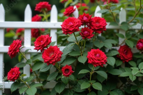 Red roses bloom white picket fence in garden