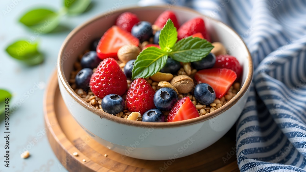 A bowl of granola or muesli with fresh berries, nuts, and mint leaves on a wooden board with a blue and white chevron patterned cloth
A bowl of granola or muesli with fresh berries, nuts, and mint leaves on a wooden board with a blue and white chevron patterned cloth