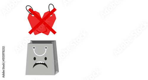 Shopping bag with sad face and crossed-out price tags, Anti-Sale Theme  