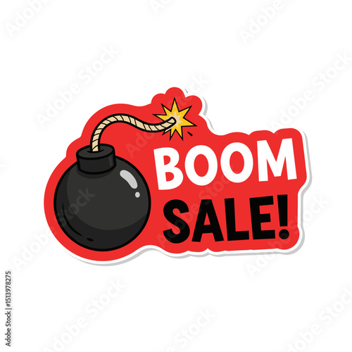 Cartoon bomb graphic with text "BOOM SALE!" in bold style  
