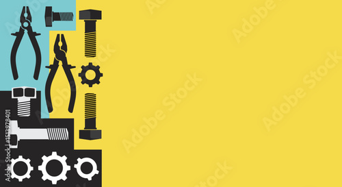Tools and hardware on colorful background with gears and pliers  