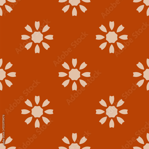 Vector geometric floral seamless pattern. Cute background with flowers, sun shapes. Retro vintage 1960s - 1970s style texture in red and beige color. Old fashioned repeated design for textile, decor