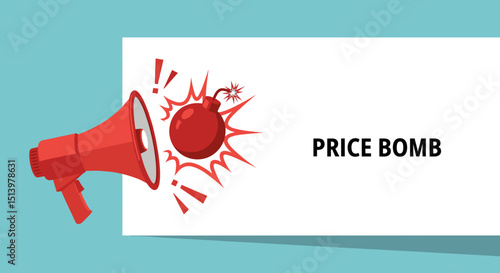 Promotional megaphone illustrating price bomb announcement, banner, copy space