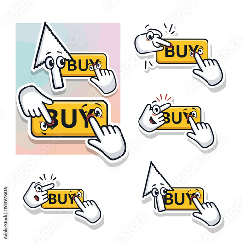 Cartoon hands clicking buy button in various styles and expressions  