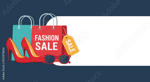 Fashion sale display with red high heels and colorful shopping bags, banner, copy space  