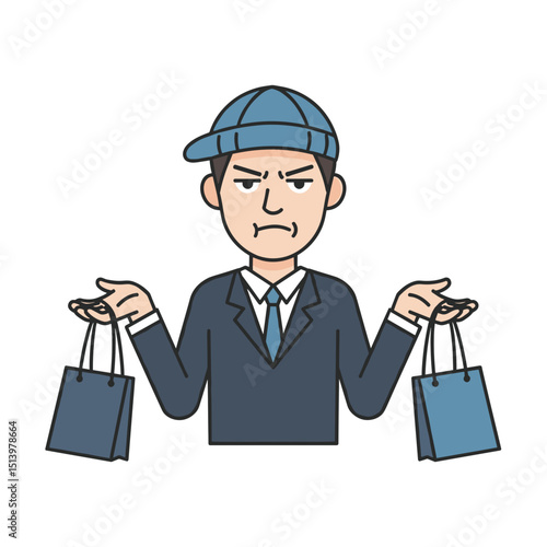 Young man in suit holding shopping bags with confused expression, joking Anti-Sale Theme