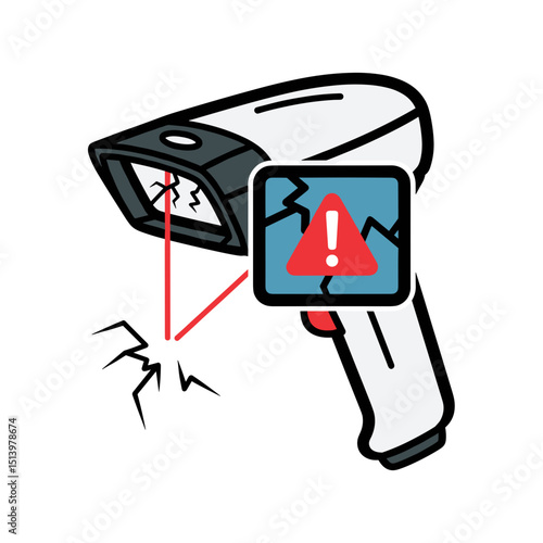 Broken barcode scanner displaying error alert on screen, joking Anti-Sale Theme