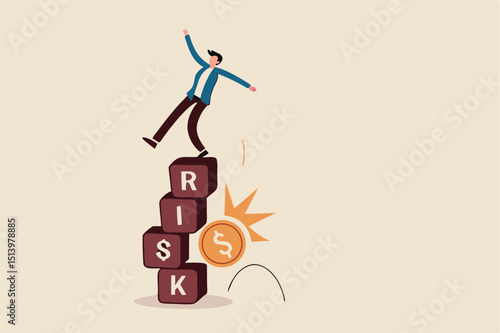 Investment risk, volatility and fluctuation in stock market that price will drop, stability and uncertainty concept, businessman investor falling from stack block with word RISK impact by money coin.