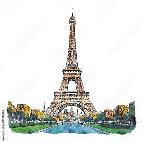 Artistic Watercolor Style Eiffel Tower Landmark in Paris City Illustration
