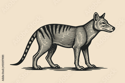 tasmanian tiger thylacine side view engraving vector illustration