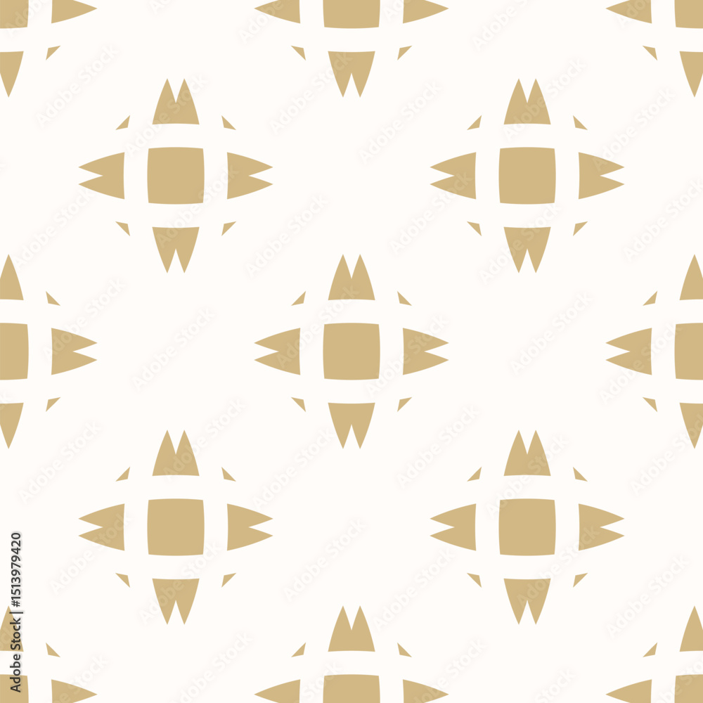 Obraz premium Simple ornament with abstract geometric shapes, cubic flower silhouettes. Gold and white vector seamless pattern. Stylish golden background texture. Modern repeated geo design for decor, print, cover
