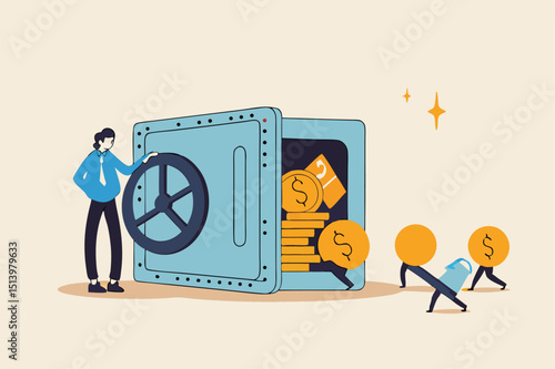 Passive income, easy money earning from investment or stock dividend and profit to be financial freedom concept, relax businessman open safe with wealthy treasure inside and money coins walking in.
