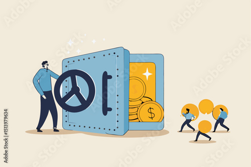 Passive income, easy money earning from investment or stock dividend and profit to be financial freedom concept, relax businessman open safe with wealthy treasure inside and money coins walking in.