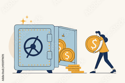 Passive income, easy money earning from investment or stock dividend and profit to be financial freedom concept, relax businessman open safe with wealthy treasure inside and money coins walking in.