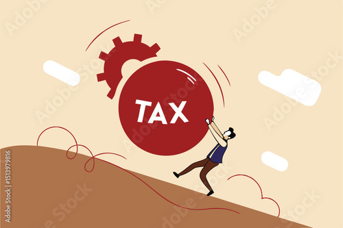 Tax payment deadline mistake or no financial planning for tax exempt investment concept, big heavy tax ball rolling down hill to depressed and panic businessman worker.