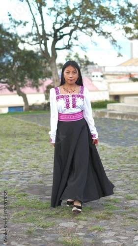 Latin woman wearing traditional andean dress posing in park