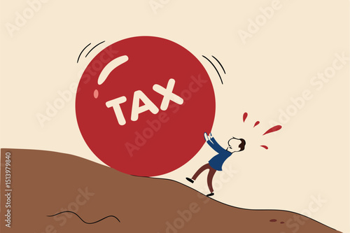 Tax payment deadline mistake or no financial planning for tax exempt investment concept, big heavy tax ball rolling down hill to depressed and panic businessman worker.