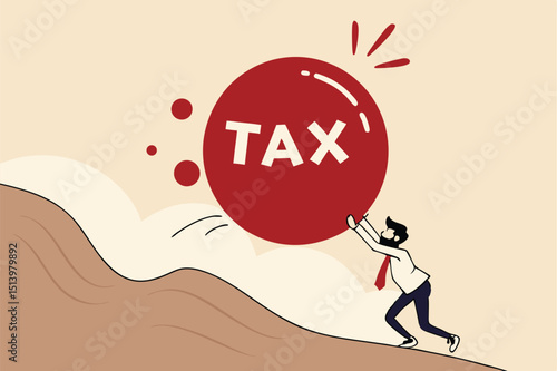 Tax payment deadline mistake or no financial planning for tax exempt investment concept, big heavy tax ball rolling down hill to depressed and panic businessman worker.