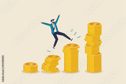 Compound interest, money growth investment, prosperity or earning and profitability stock concept, happy businessman investor jumping on stack of growth compound money coins.