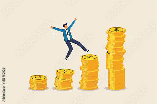 Compound interest, money growth investment, prosperity or earning and profitability stock concept, happy businessman investor jumping on stack of growth compound money coins.