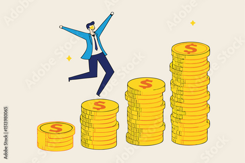 Compound interest, money growth investment, prosperity or earning and profitability stock concept, happy businessman investor jumping on stack of growth compound money coins.