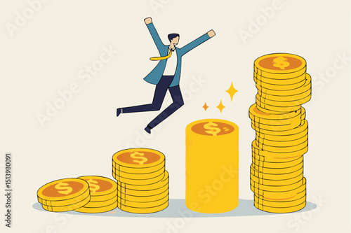 Compound interest, money growth investment, prosperity or earning and profitability stock concept, happy businessman investor jumping on stack of growth compound money coins.