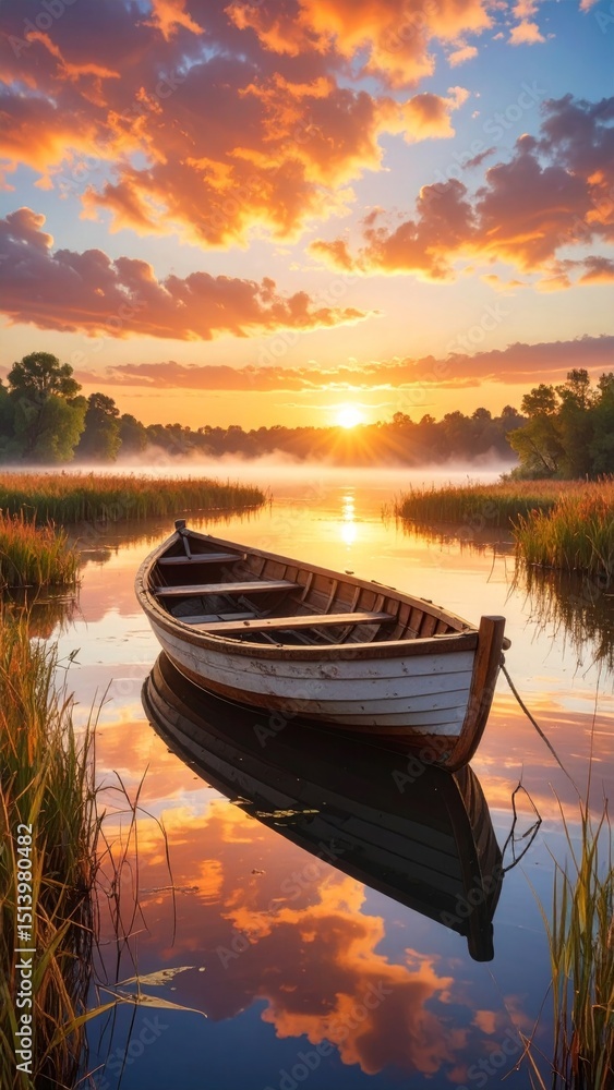 Obraz premium Serene landscape painting: an old wooden rowboat moored amongst tall reeds on calm water at a vibrant sunset