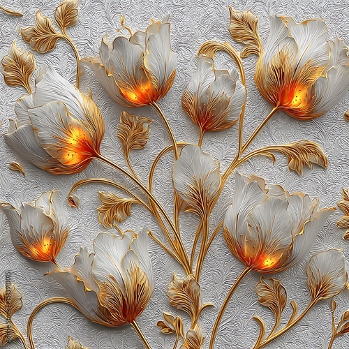Glowing floral artwork with gold stems decor high resolution image