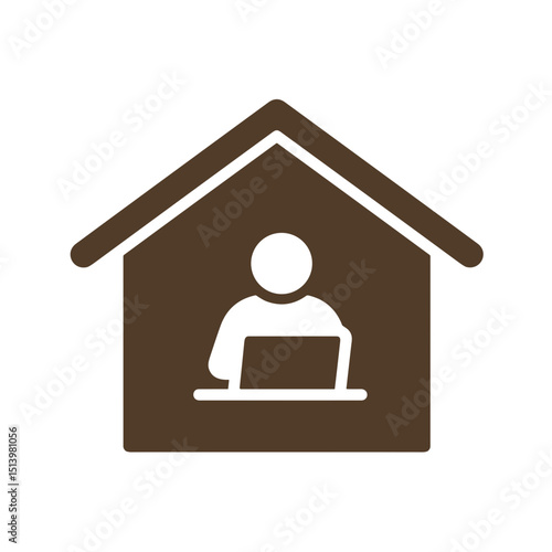 Home icon with person working on laptop inside house  
