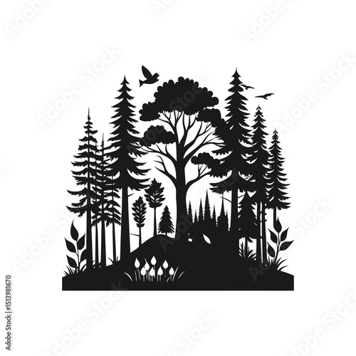 Dense Forest Silhouette with Birds