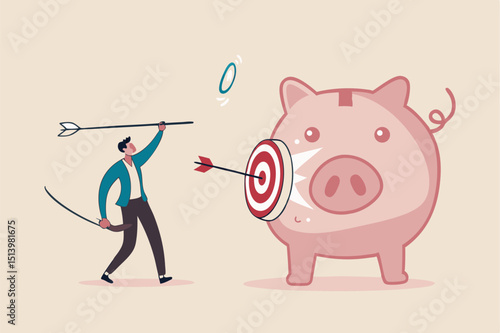 Financial goals, investment target, setting objective for retirement plan success concept, smart businessman investor or advisor shoot archer arrow hitting bull's eye target on saving pink piggy bank.
