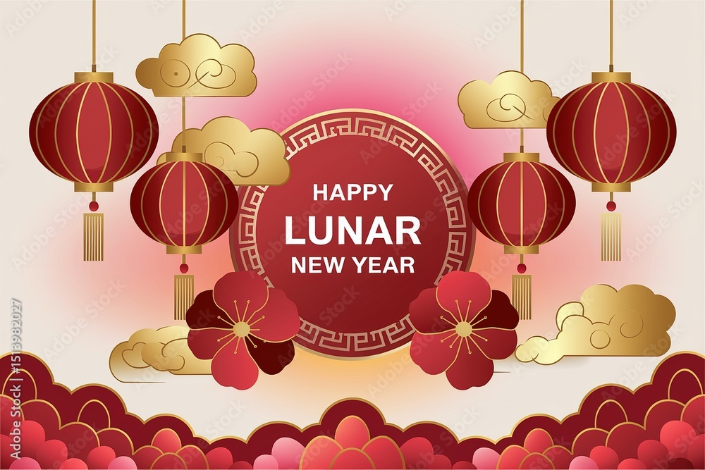Naklejka premium Happy Lunar New Year Illustration with Lanterns, Flowers, and Golden Clouds Design