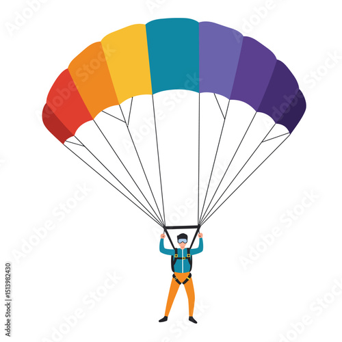 Parachuting flat vector illustration. Skydiving, paragliding experience. Extreme sports. Active lifestyle. Outdoor activities.