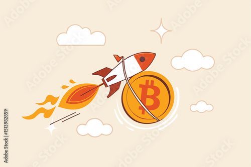 Bitcoin price skyrocket hit record high, cryptocurrency investor got rich with growth high value trading concept, speedy rocket ship holding bitcoin physical coin flying high through space cloud.