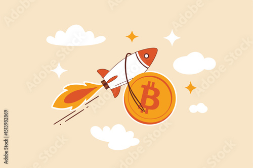 Bitcoin price skyrocket hit record high, cryptocurrency investor got rich with growth high value trading concept, speedy rocket ship holding bitcoin physical coin flying high through space cloud.