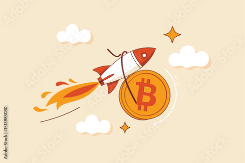 Bitcoin price skyrocket hit record high, cryptocurrency investor got rich with growth high value trading concept, speedy rocket ship holding bitcoin physical coin flying high through space cloud.