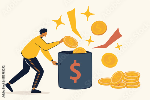 Investment earning profit, money saving, growth stock market with high capital gain return or dividend concept, businessman investor put coin into black box and got lot of return money golden coins.