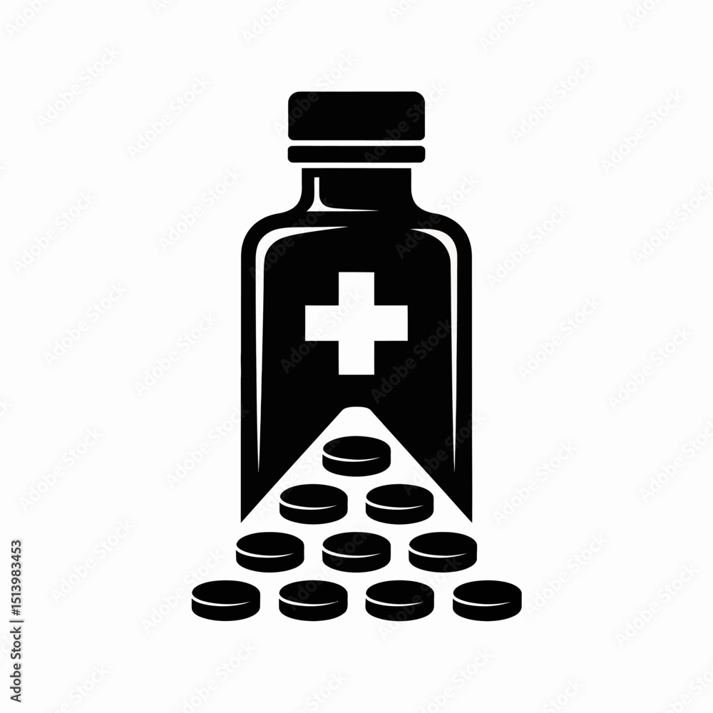 Obraz premium Medical Bottle Icon with Pills, Black and White Vector Illustration for Health.
