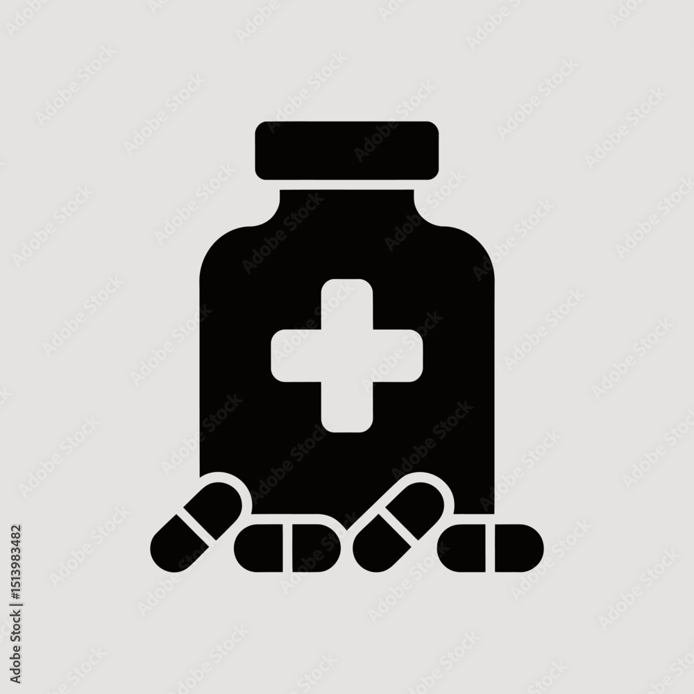 Obraz premium Black and White Pill Bottle Icon with Cross and Capsule Medications Graphic.