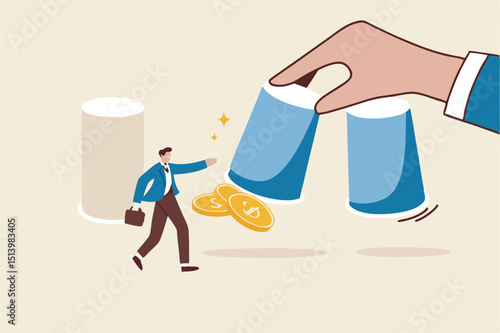 Gambling risk, win the guess game or predict the investment concept, businessman investor pointing to a right cup with human man open it to reveal money dollar coin profit.