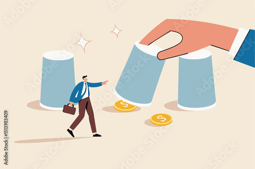 Gambling risk, win the guess game or predict the investment concept, businessman investor pointing to a right cup with human man open it to reveal money dollar coin profit.