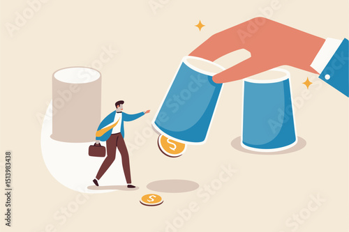 Gambling risk, win the guess game or predict the investment concept, businessman investor pointing to a right cup with human man open it to reveal money dollar coin profit.