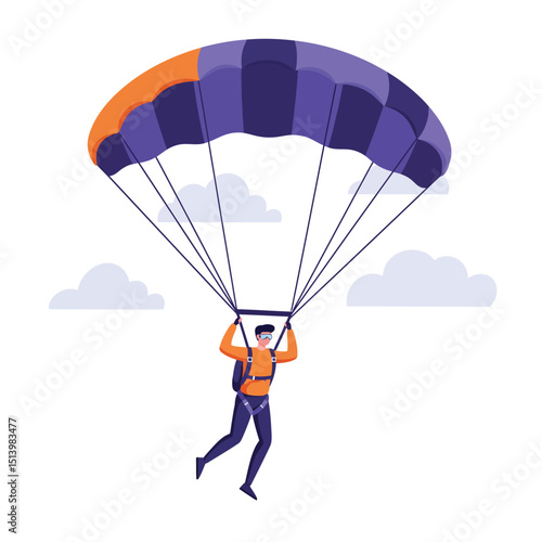 Parachuting flat vector illustration. Skydiving, paragliding experience. Extreme sports. Active lifestyle. Outdoor activities.